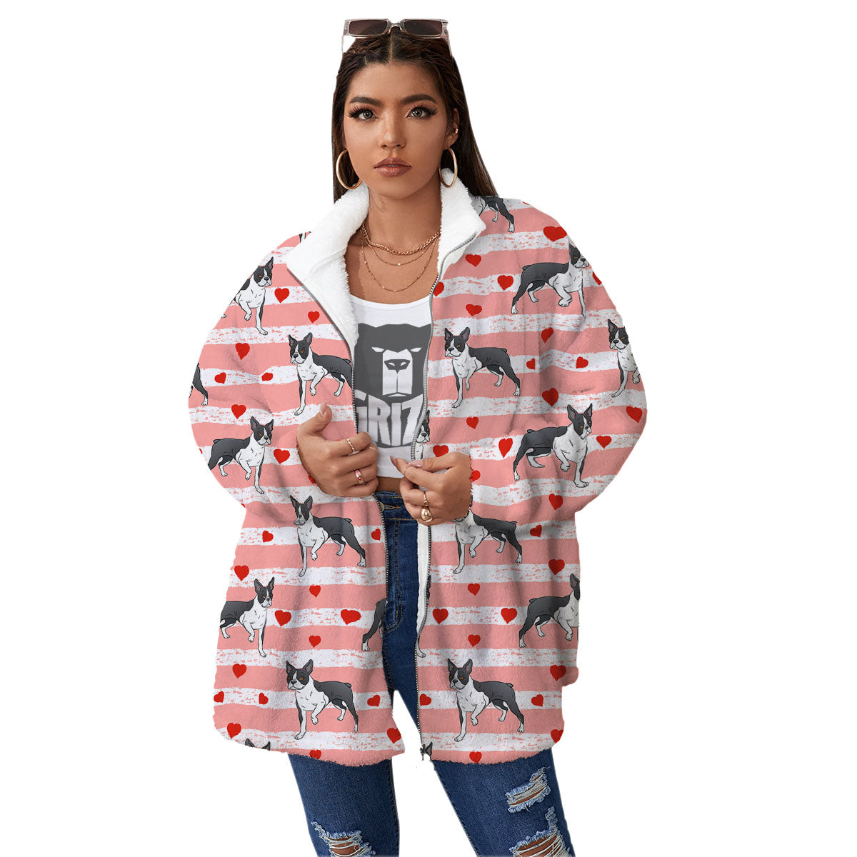 Heart And Boston Terrier Print Pattern Women's Sherpa Jacket-grizzshop
