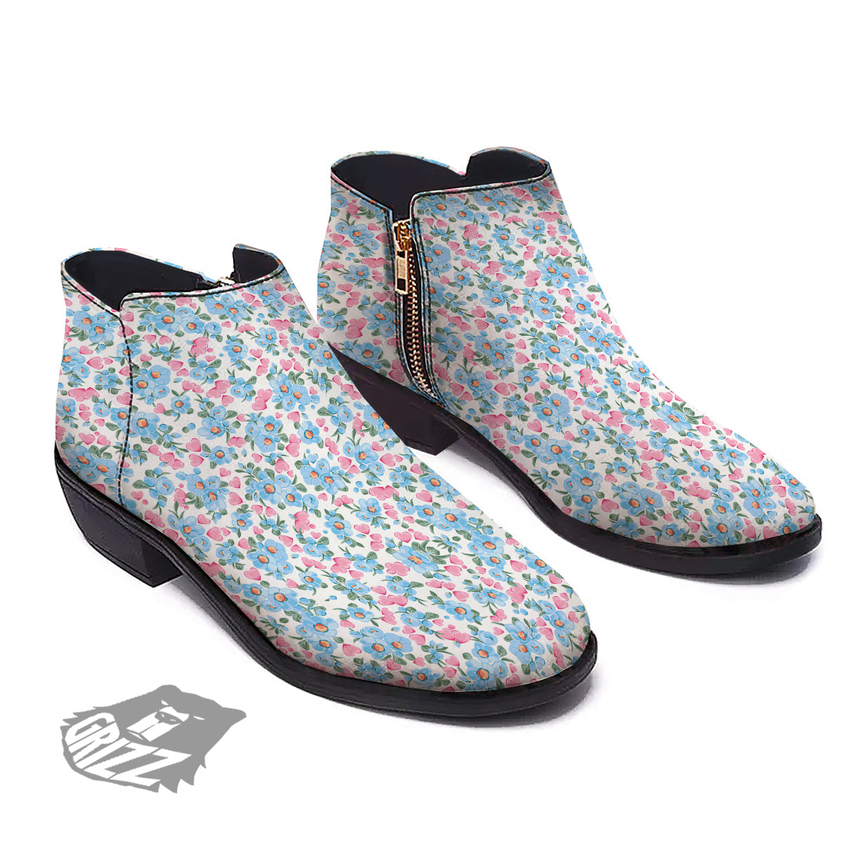 Heart And Flower Valentine's Day Print Pattern Ankle Boots-grizzshop