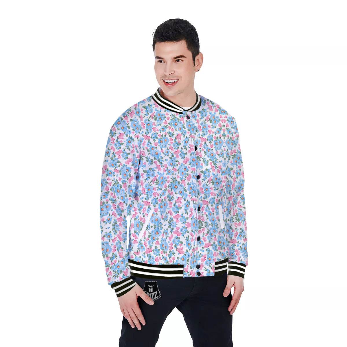 Heart And Flower Valentine's Day Print Pattern Baseball Jacket-grizzshop