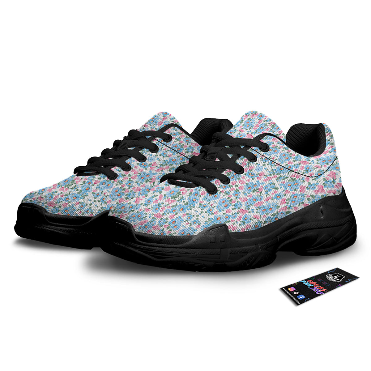 Heart And Flower Valentine's Day Print Pattern Black Chunky Shoes-grizzshop