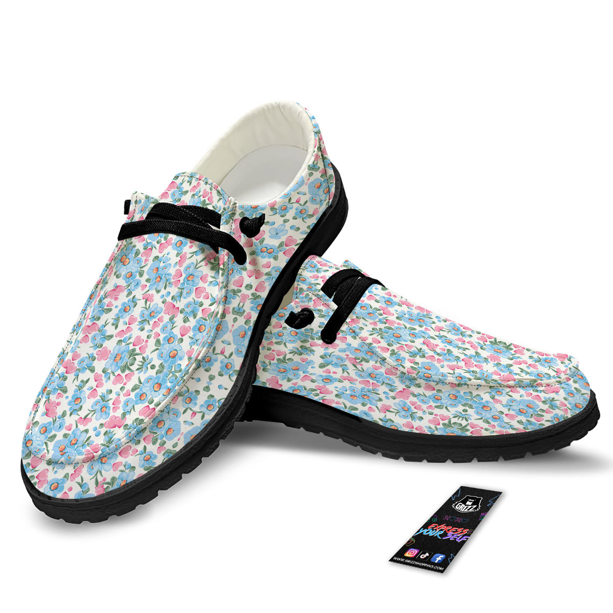 Heart And Flower Valentine's Day Print Pattern Black Loafers-grizzshop