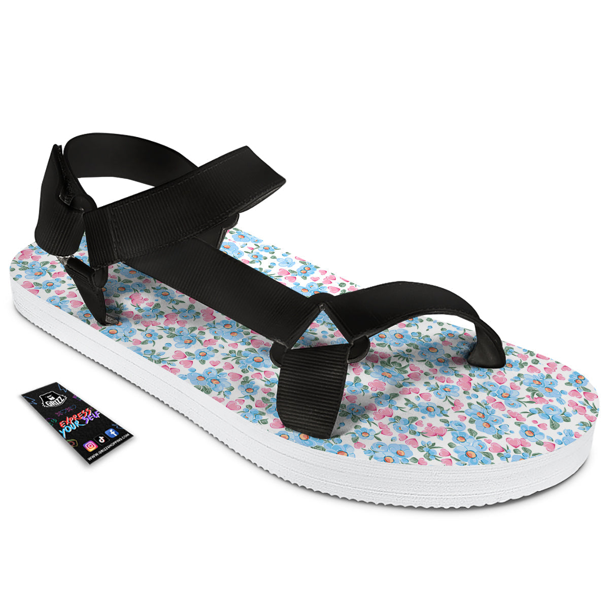 Heart And Flower Valentine's Day Print Pattern Black Open Toe Sandals-grizzshop