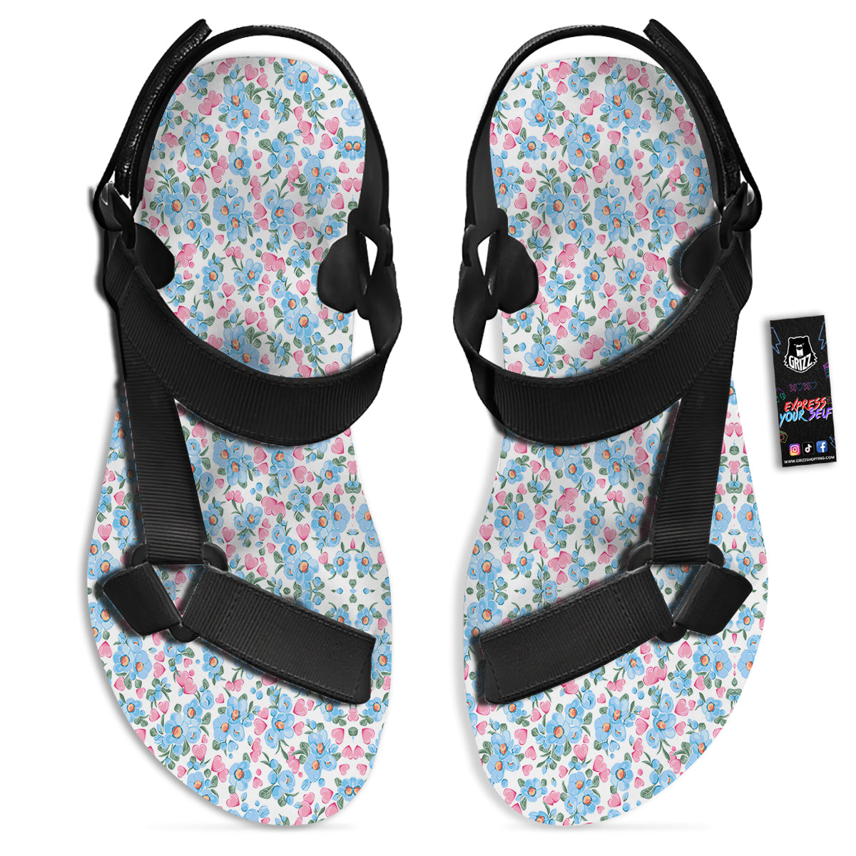 Heart And Flower Valentine's Day Print Pattern Black Open Toe Sandals-grizzshop