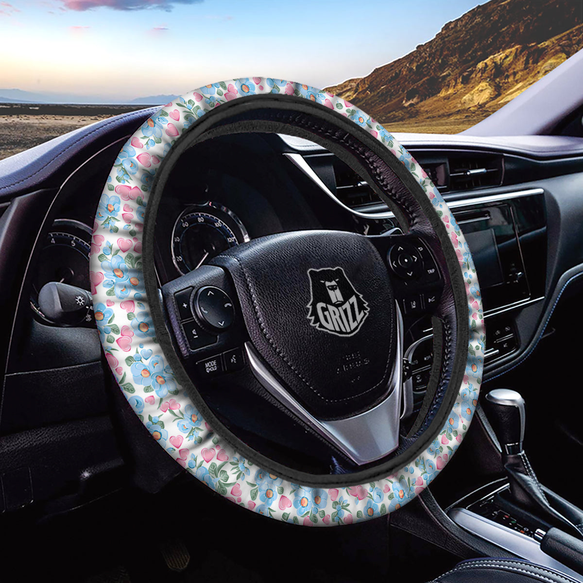 Heart And Flower Valentine's Day Print Pattern Car Steering Wheel Cover-grizzshop