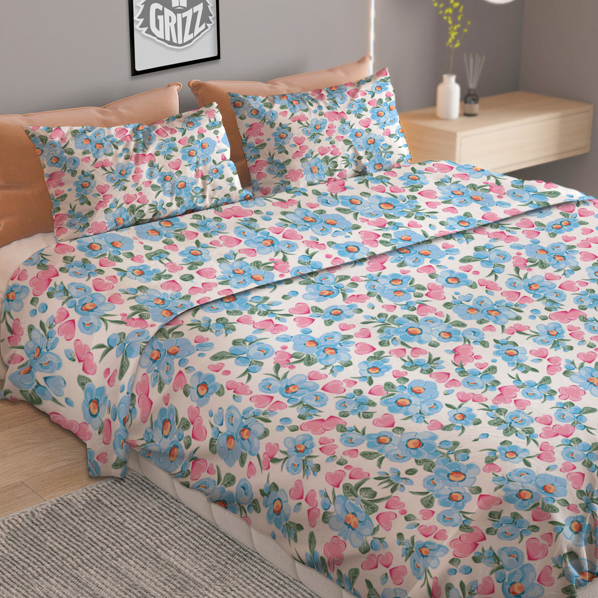 Heart And Flower Valentine's Day Print Pattern Duvet Cover Bedding Set