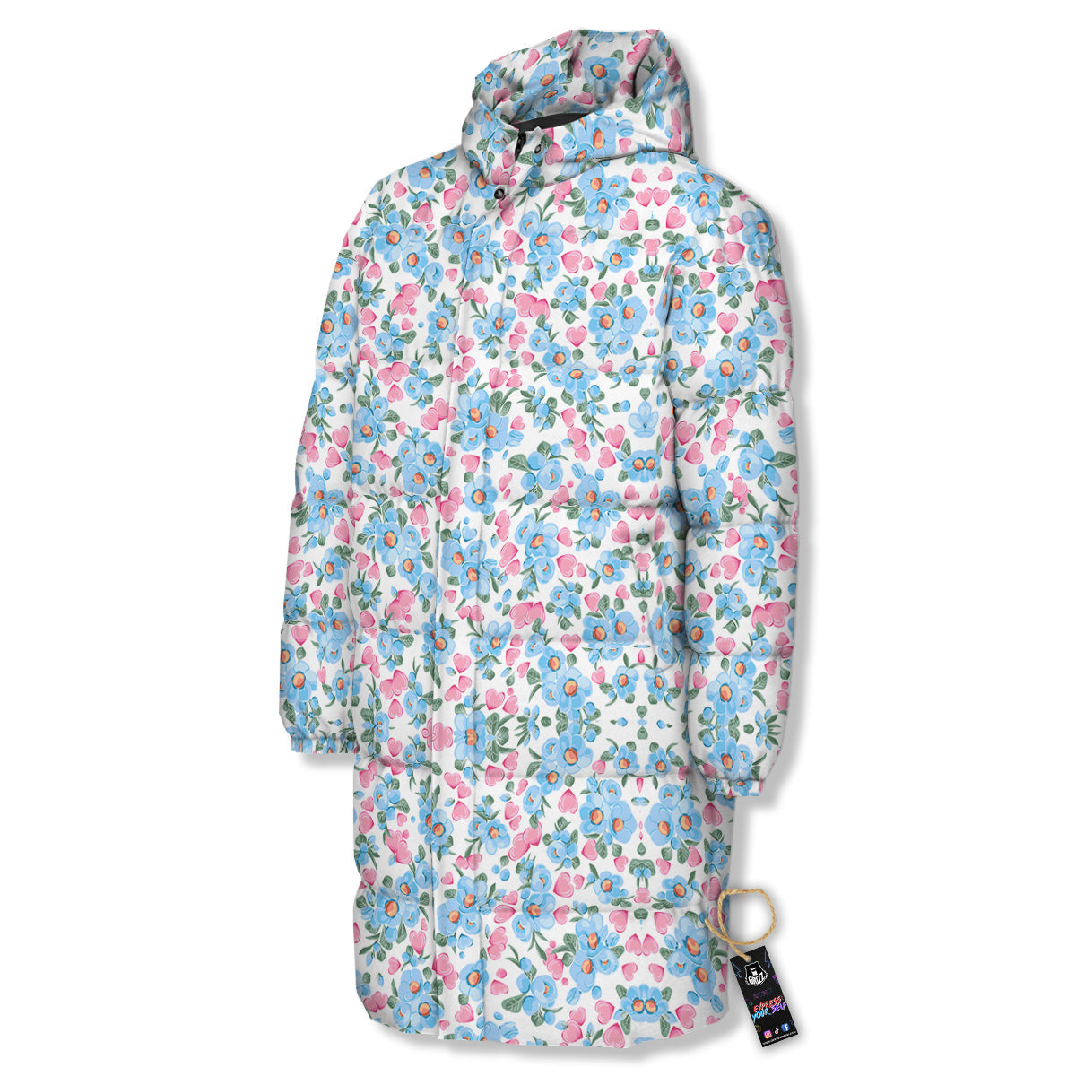 Heart And Flower Valentine's Day Print Pattern Long Down Jacket-grizzshop