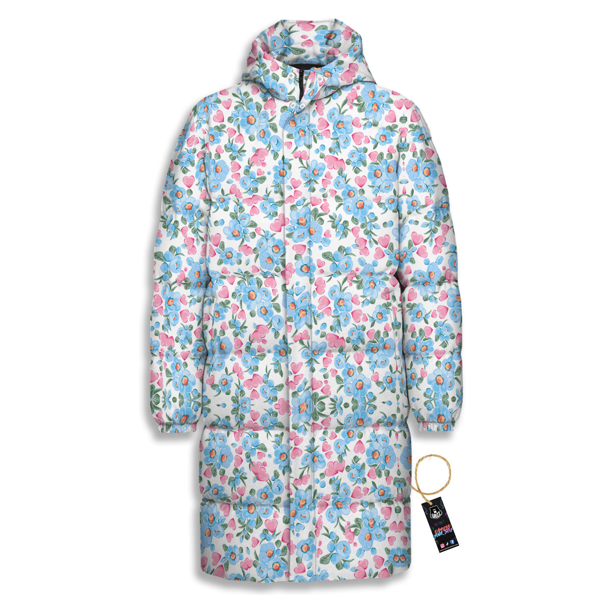 Heart And Flower Valentine's Day Print Pattern Long Down Jacket-grizzshop