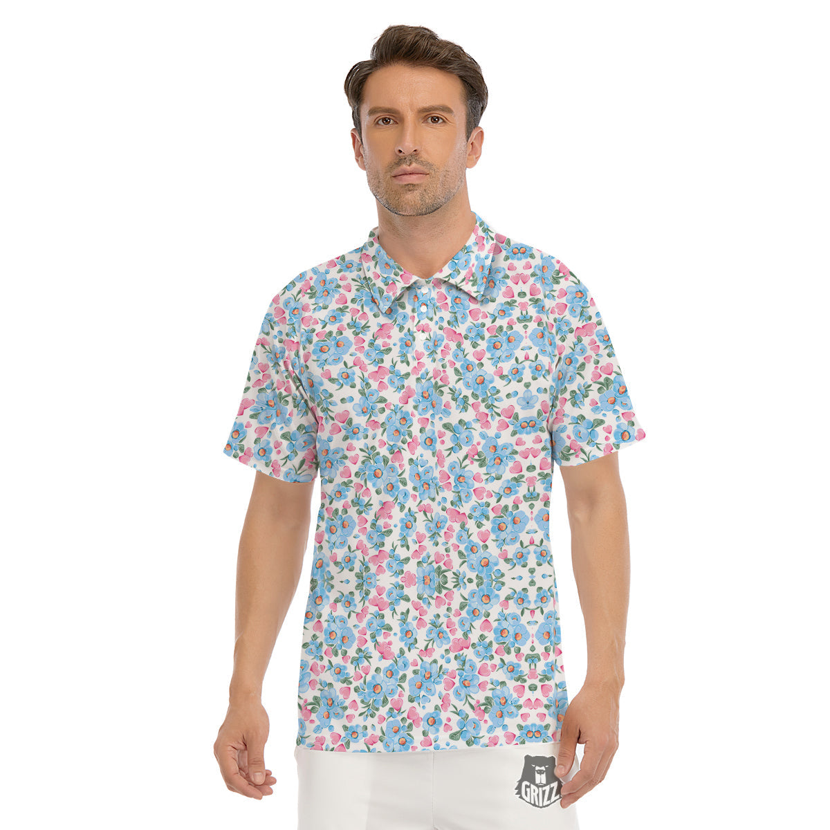 Heart And Flower Valentine's Day Print Pattern Men's Golf Shirts-grizzshop