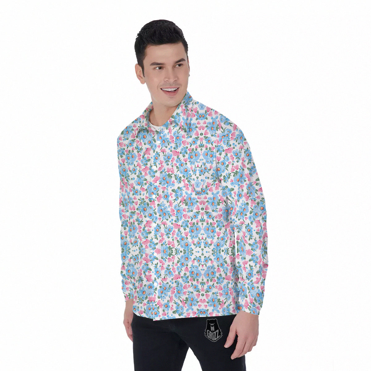 Heart And Flower Valentine's Day Print Pattern Men's Long Sleeve Shirts-grizzshop