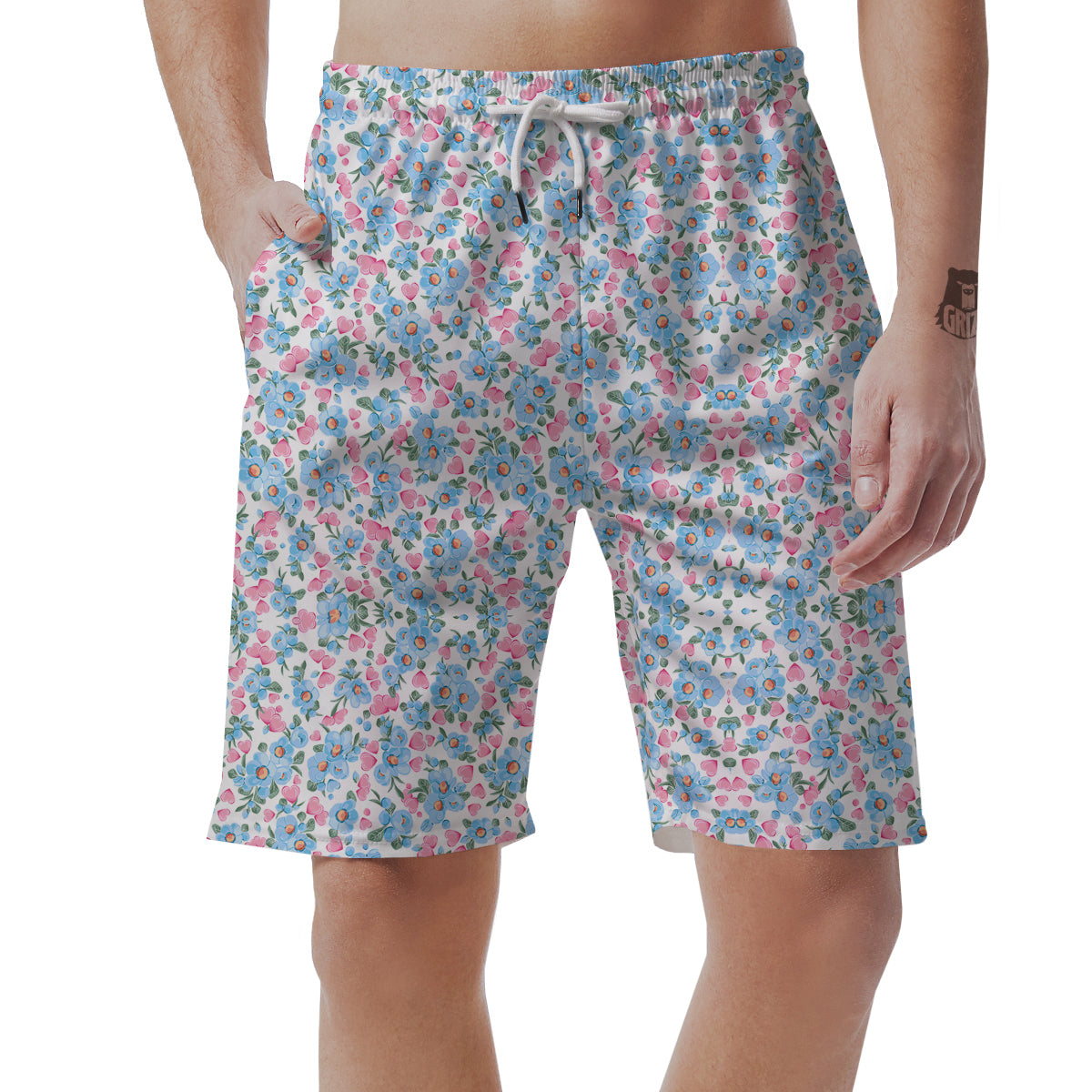 Heart And Flower Valentine's Day Print Pattern Men's Shorts-grizzshop