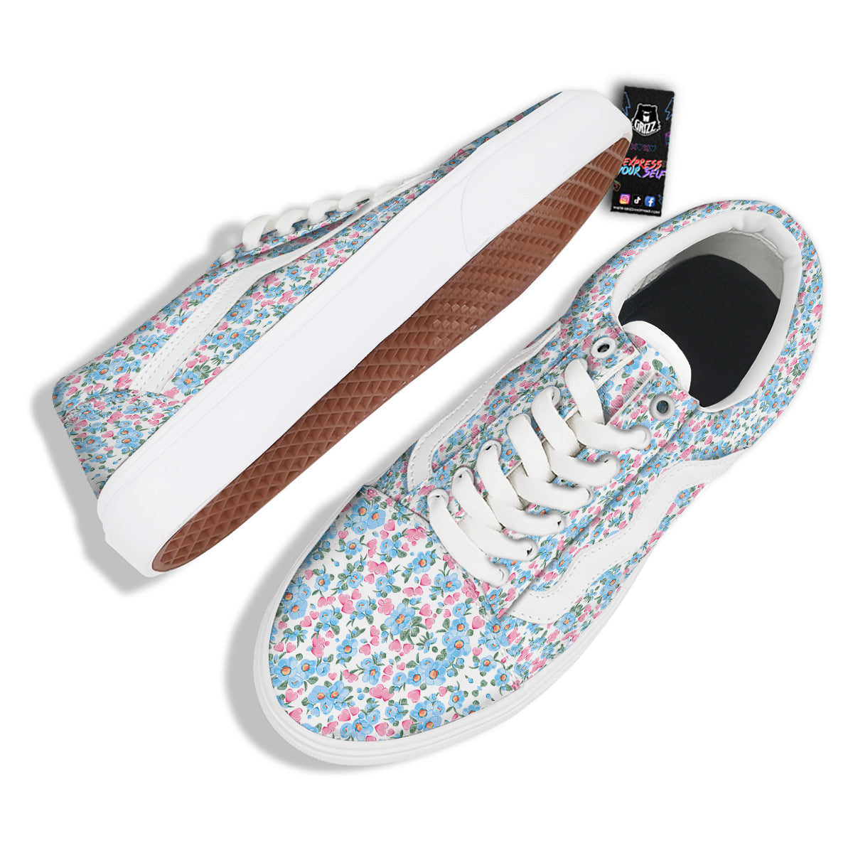 Heart And Flower Valentine's Day Print Pattern Skate Shoes-grizzshop