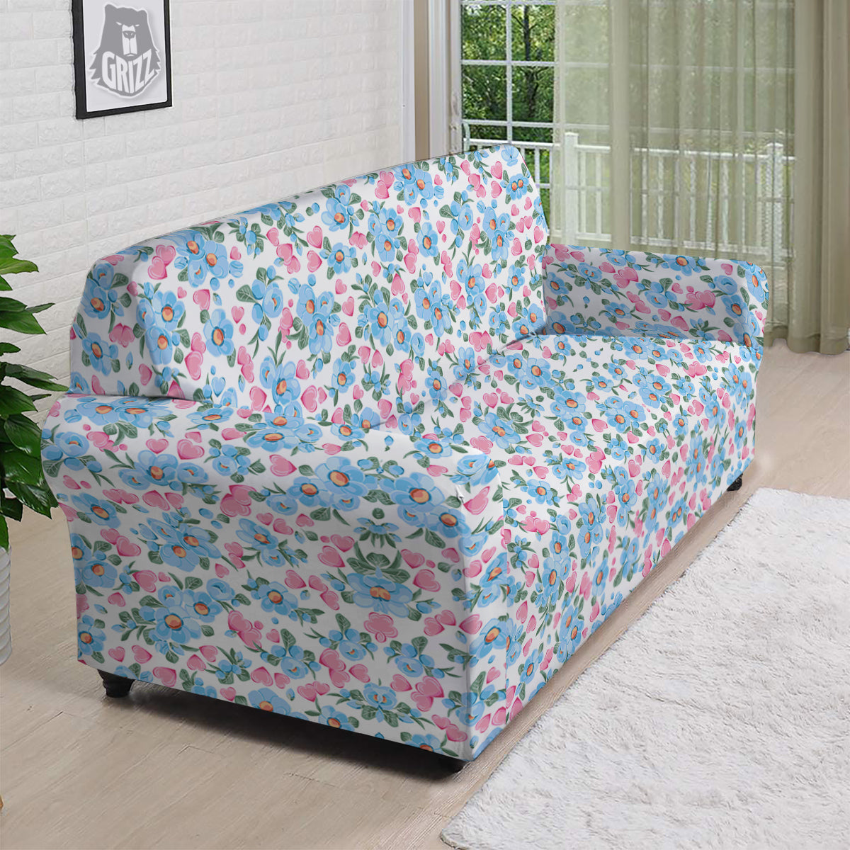 Heart And Flower Valentine's Day Print Pattern Sofa Cover-grizzshop