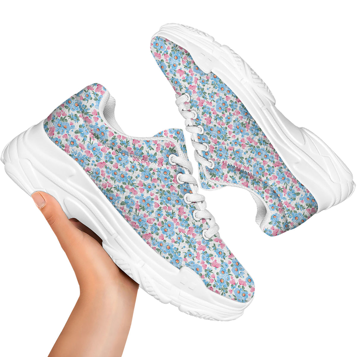 Heart And Flower Valentine's Day Print Pattern White Chunky Shoes-grizzshop