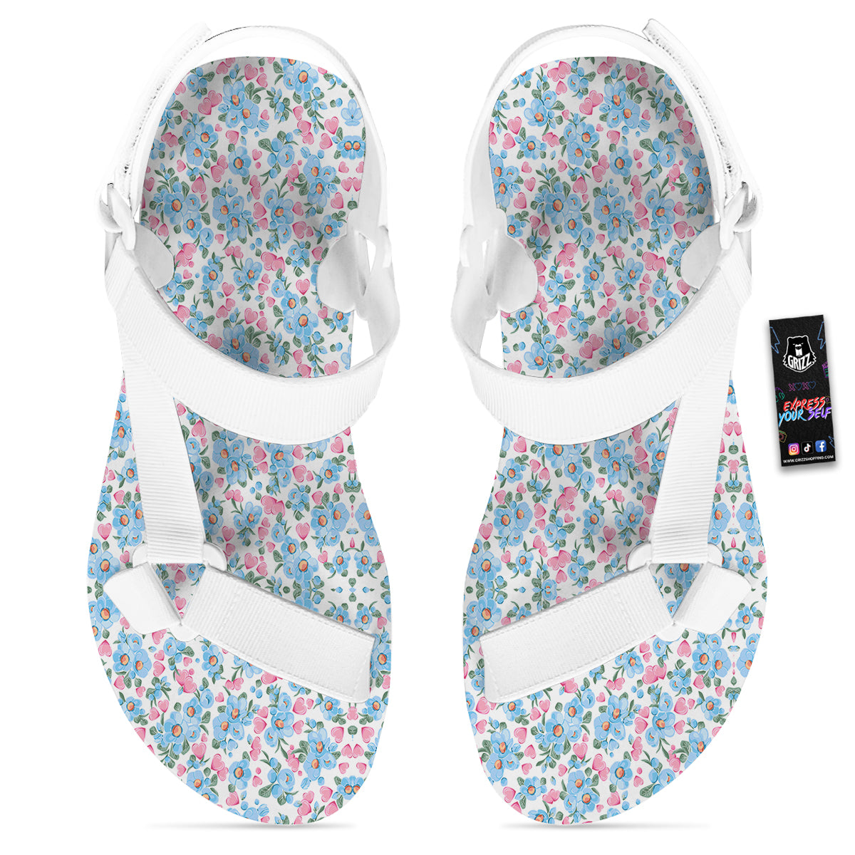 Heart And Flower Valentine's Day Print Pattern White Open Toe Sandals-grizzshop