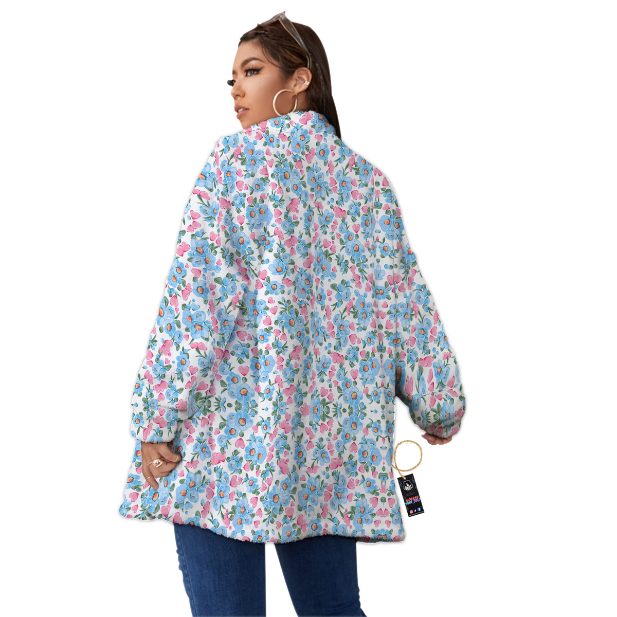 Heart And Flower Valentine's Day Print Pattern Women's Sherpa Jacket-grizzshop