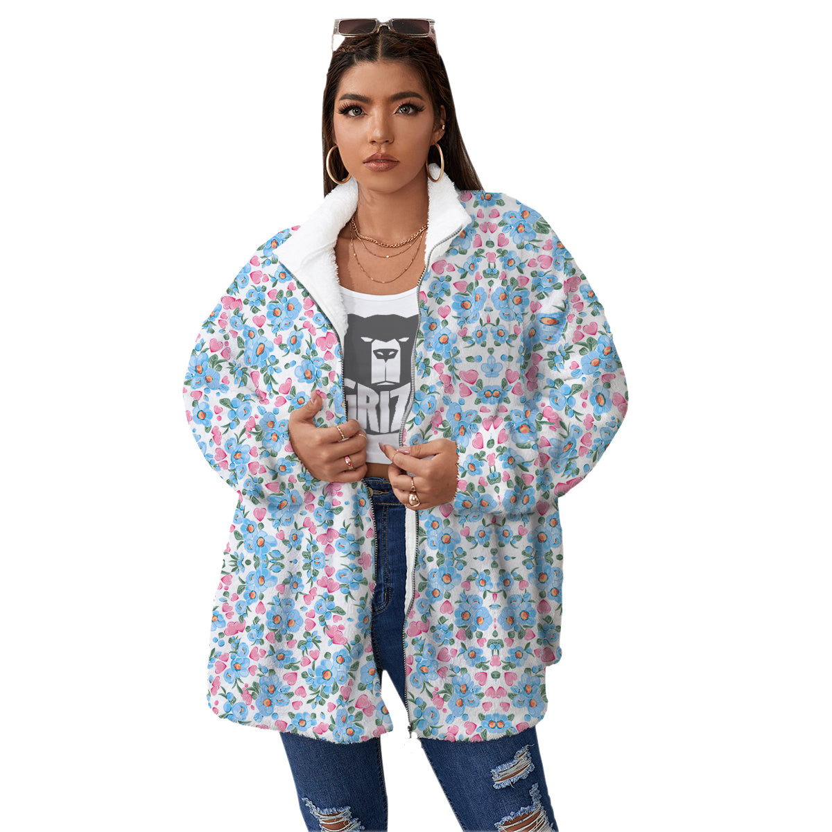 Heart And Flower Valentine's Day Print Pattern Women's Sherpa Jacket-grizzshop