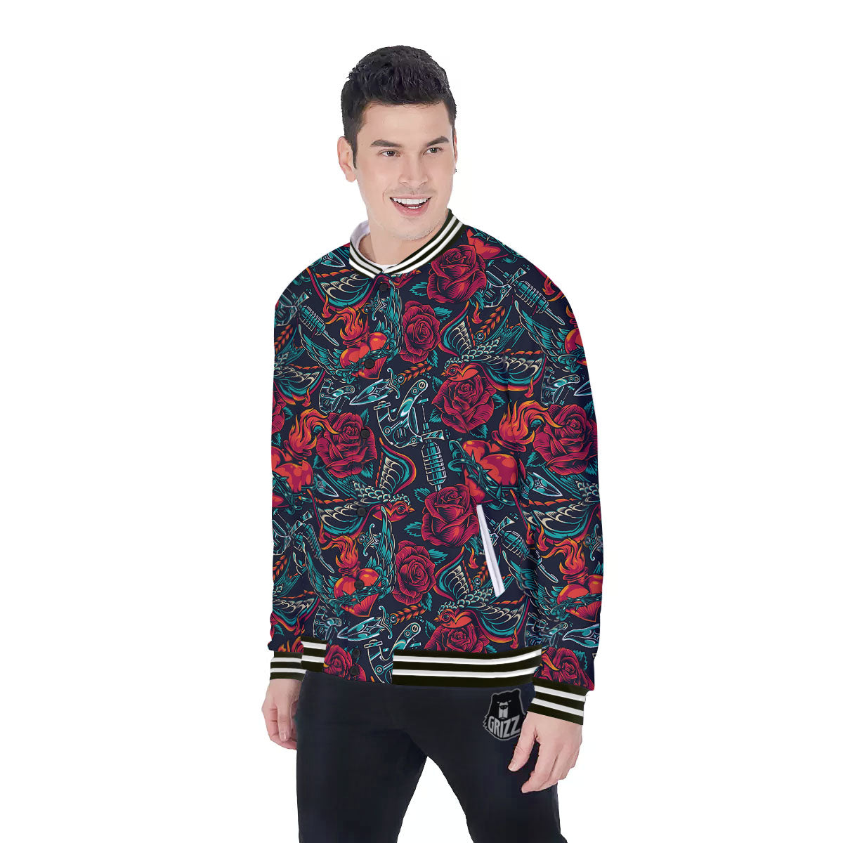 Heart And Rose Print Pattern Baseball Jacket-grizzshop