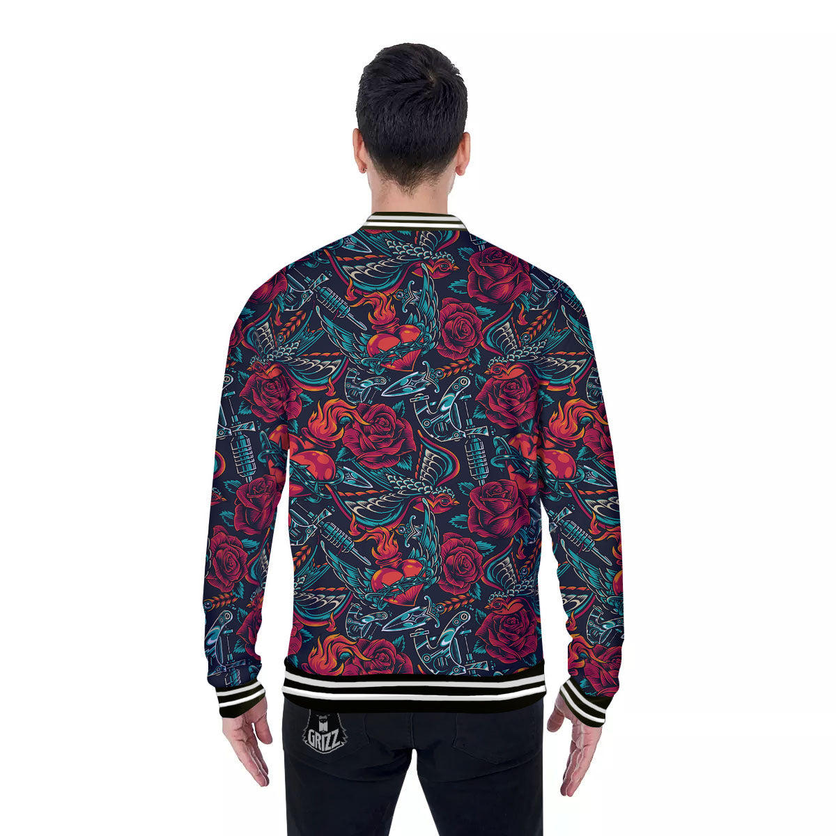 Heart And Rose Print Pattern Baseball Jacket-grizzshop
