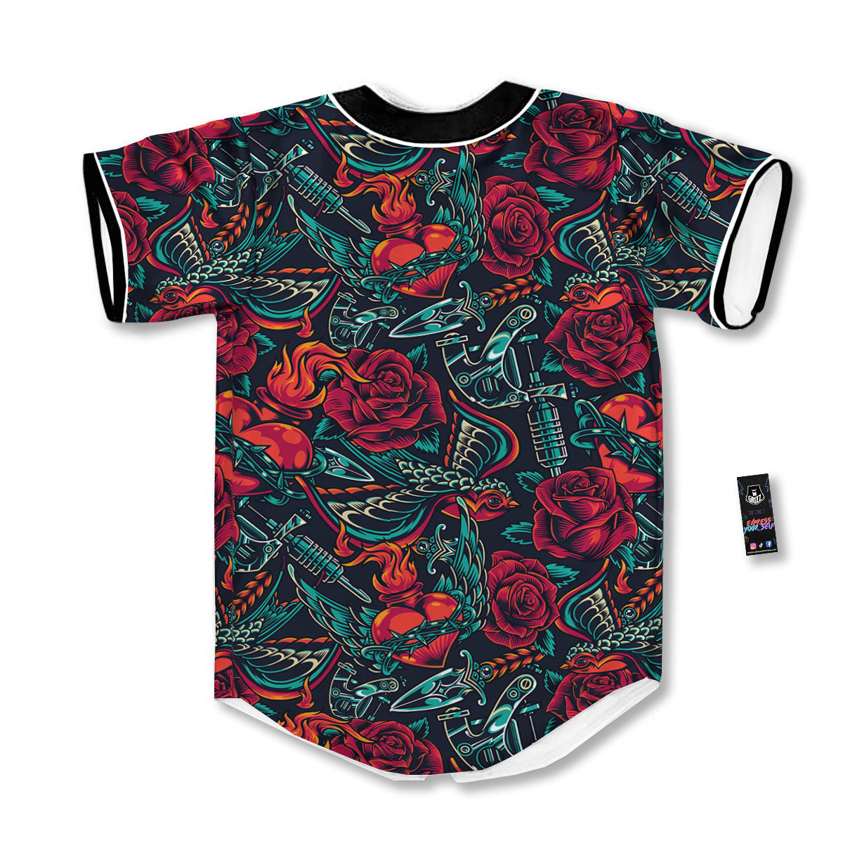 Heart And Rose Print Pattern Baseball Jersey-grizzshop
