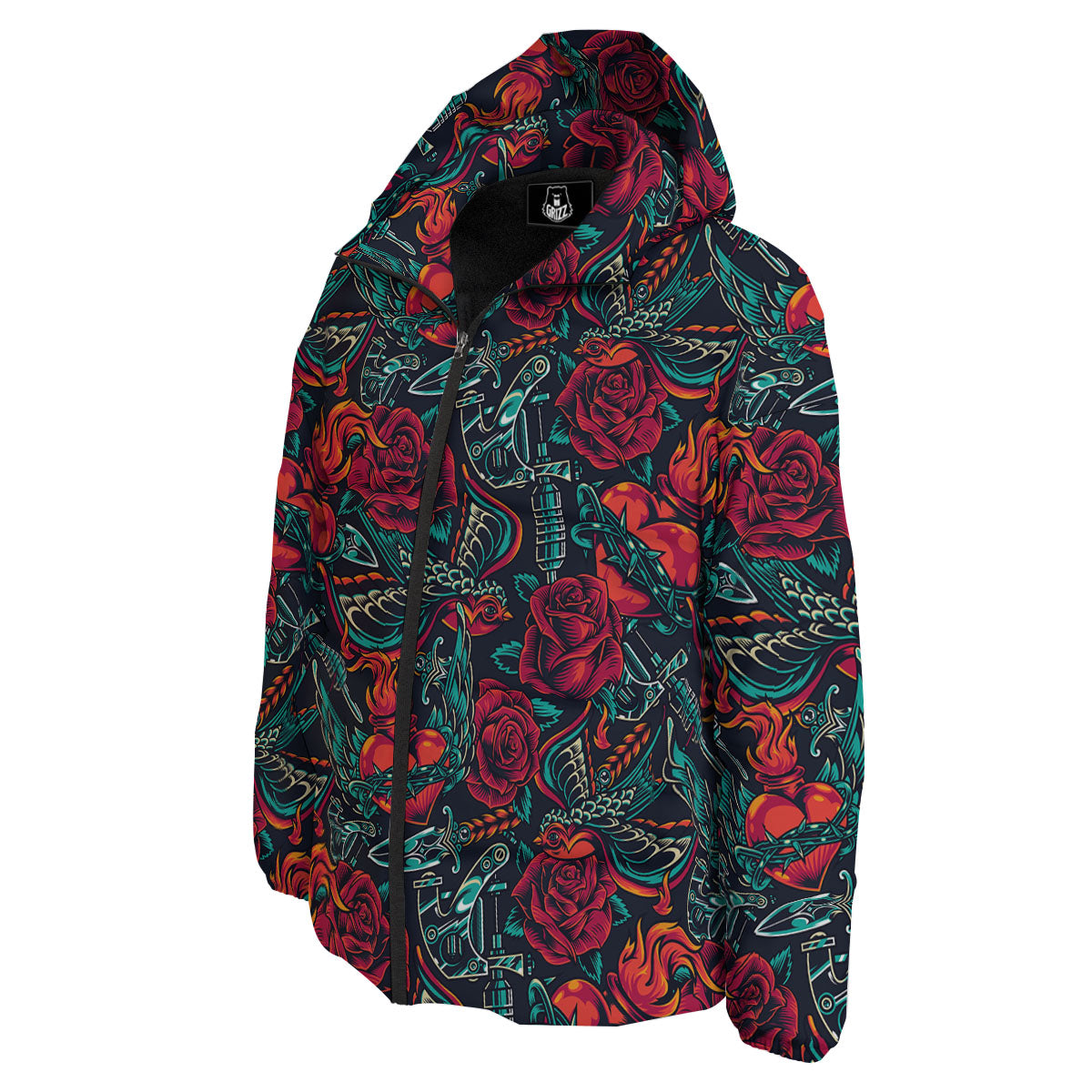 Heart And Rose Print Pattern Down Jacket-grizzshop