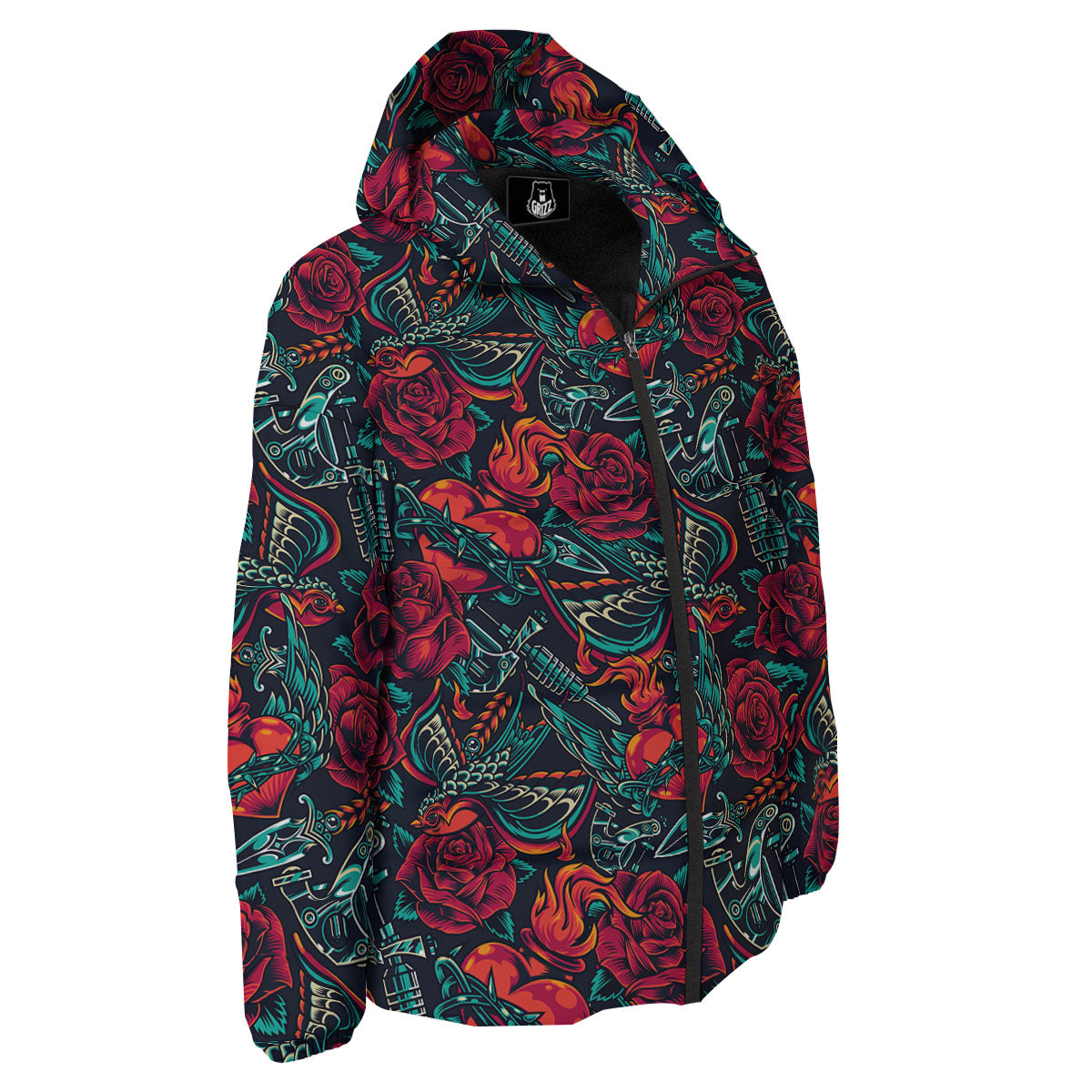 Heart And Rose Print Pattern Down Jacket-grizzshop