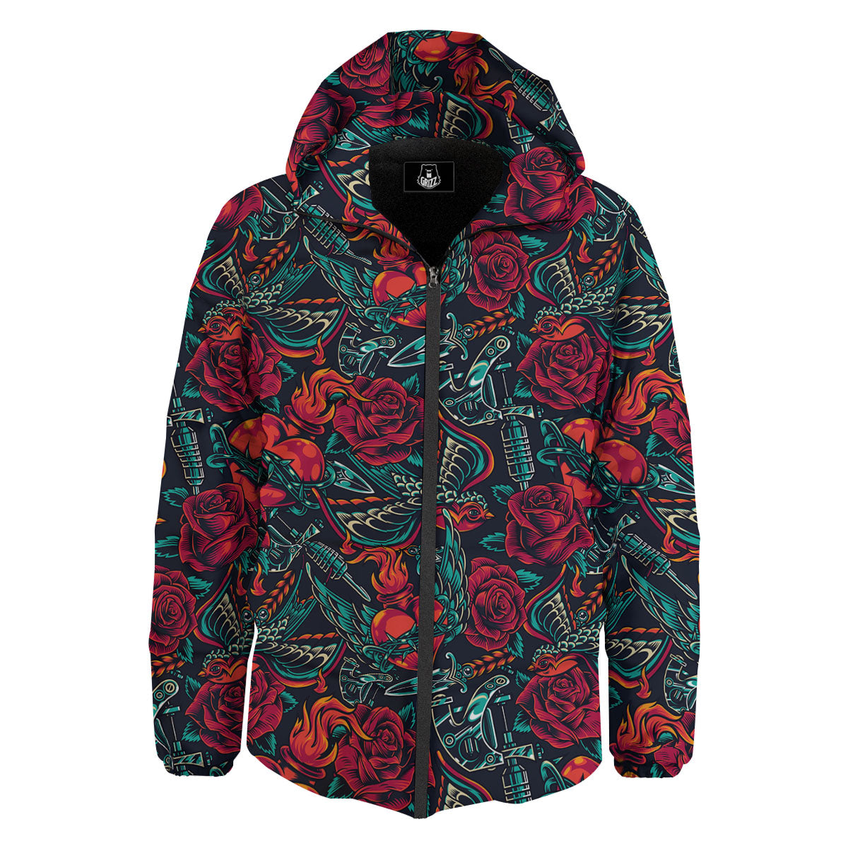 Heart And Rose Print Pattern Down Jacket-grizzshop