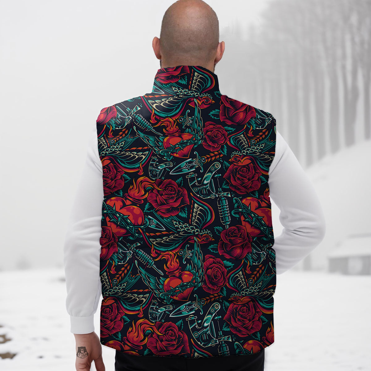 Heart And Rose Print Pattern Down Vest