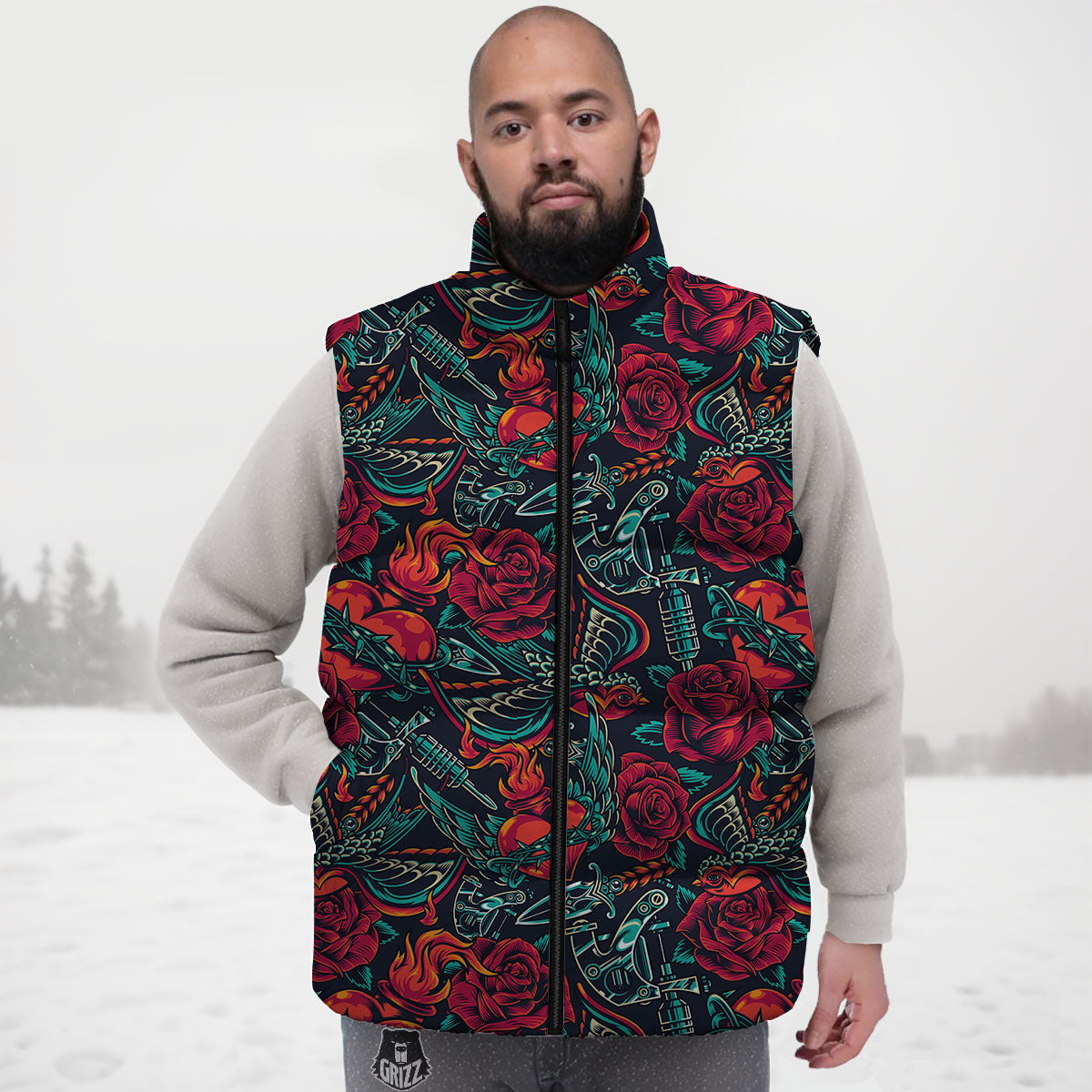 Heart And Rose Print Pattern Down Vest