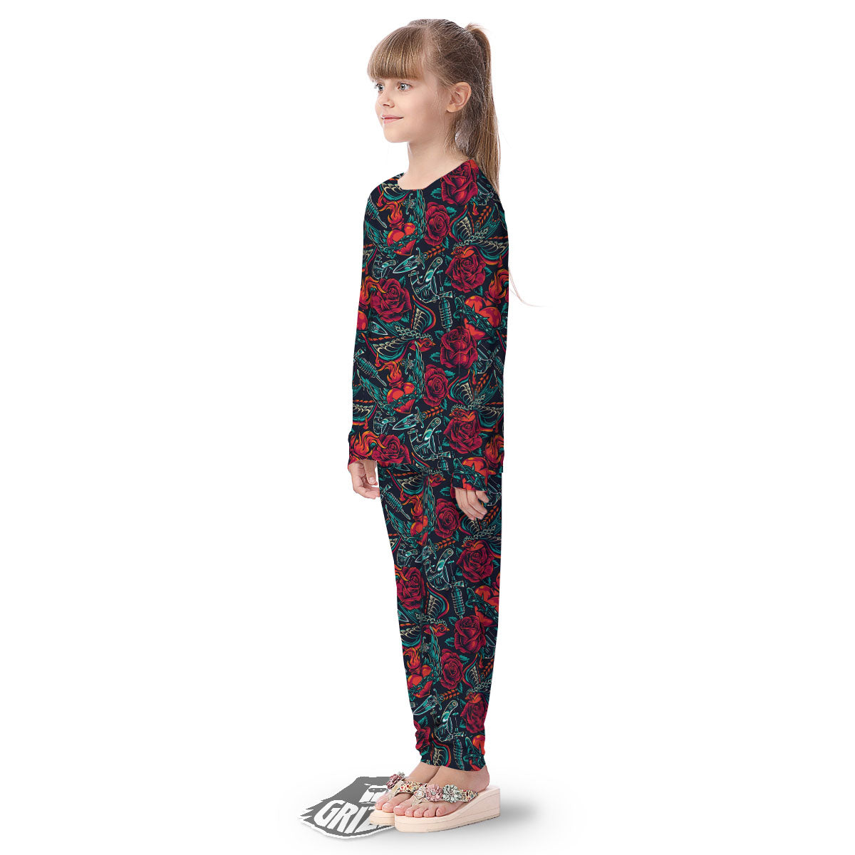 Heart And Rose Print Pattern Kid's Pajamas-grizzshop