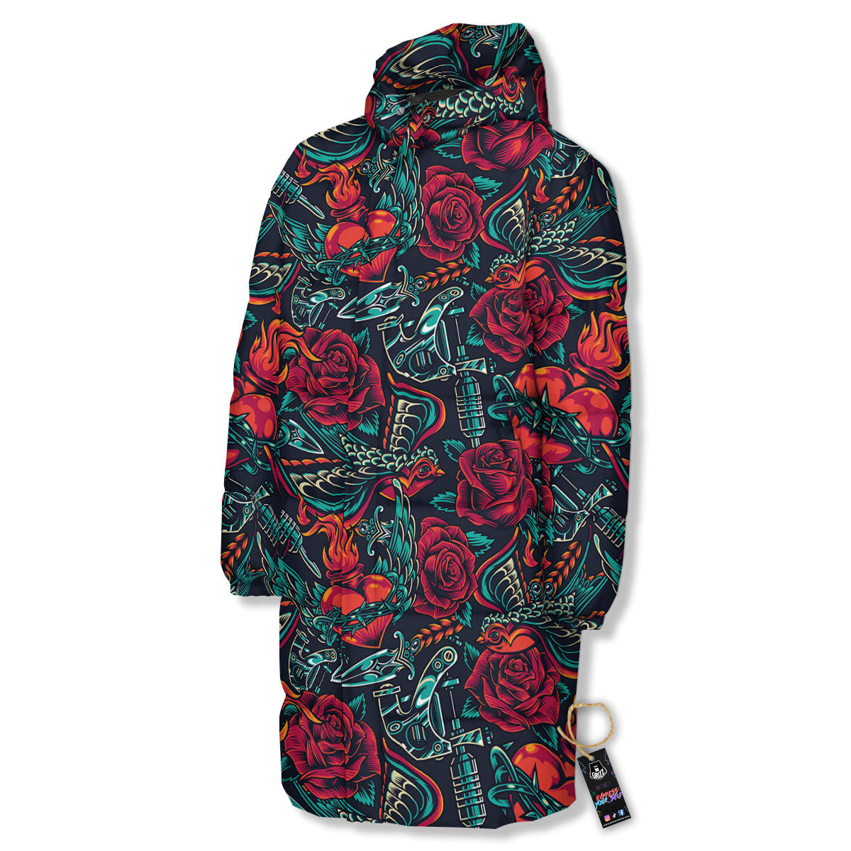 Heart And Rose Print Pattern Long Down Jacket-grizzshop