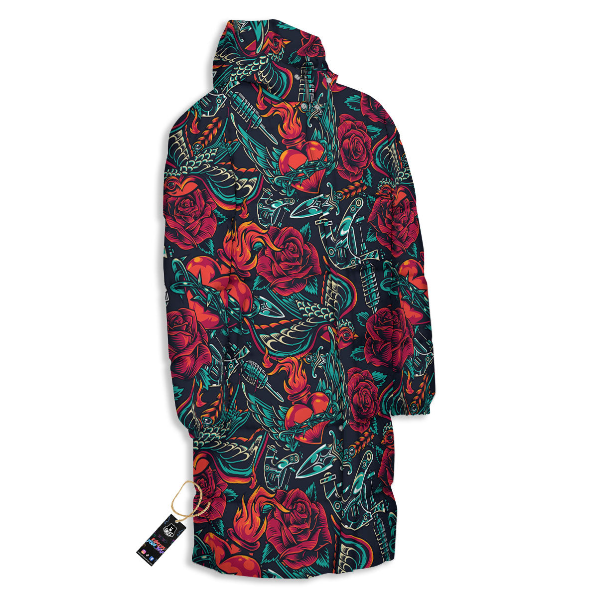 Heart And Rose Print Pattern Long Down Jacket-grizzshop
