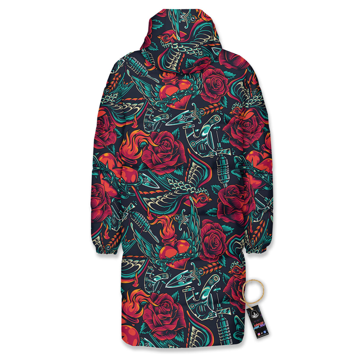 Heart And Rose Print Pattern Long Down Jacket-grizzshop