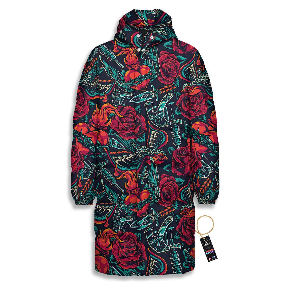 Heart And Rose Print Pattern Long Down Jacket-grizzshop