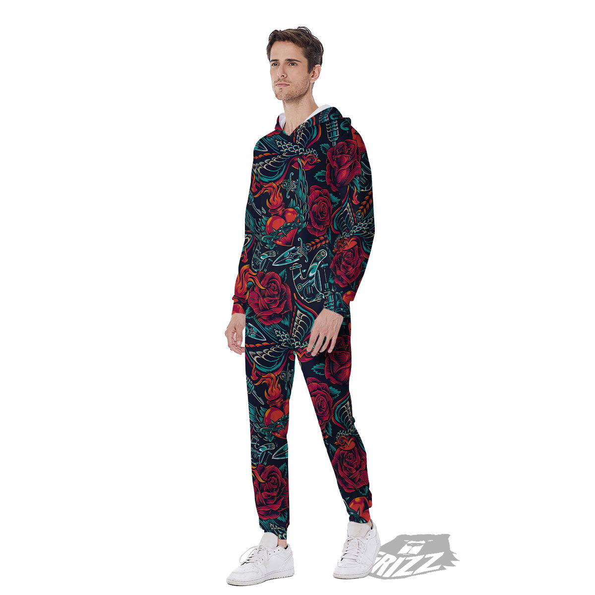 Heart And Rose Print Pattern Men's Jumpsuit-grizzshop