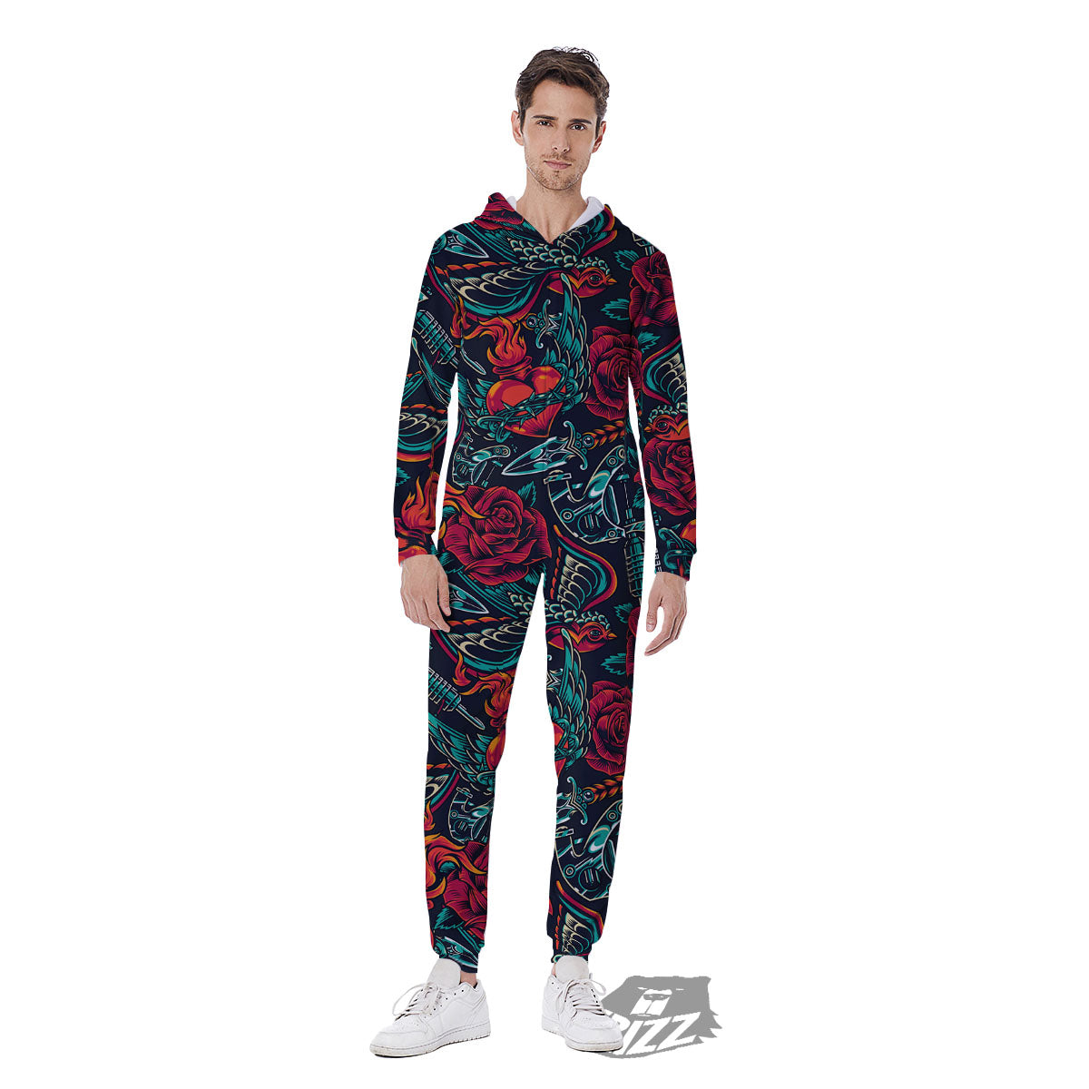 Heart And Rose Print Pattern Men's Jumpsuit-grizzshop