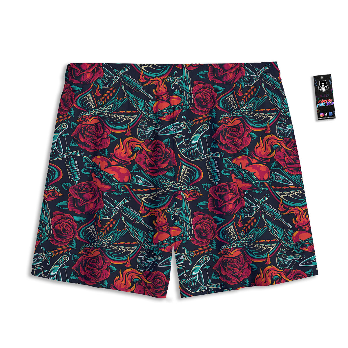 Heart And Rose Print Pattern Mesh Shorts