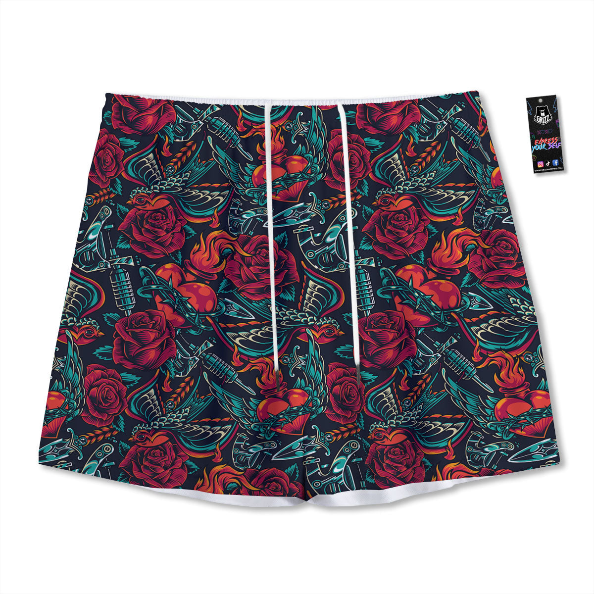 Heart And Rose Print Pattern Mesh Shorts