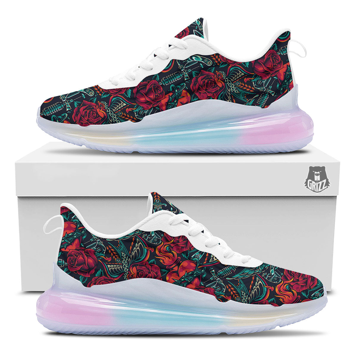 Heart And Rose Print Pattern Running Sneakers-grizzshop