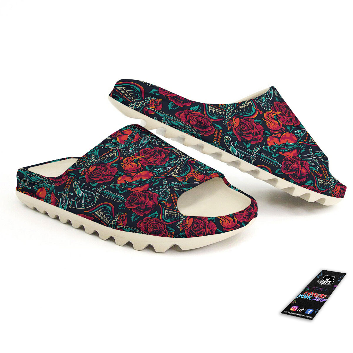 Heart And Rose Print Pattern Sandals-grizzshop