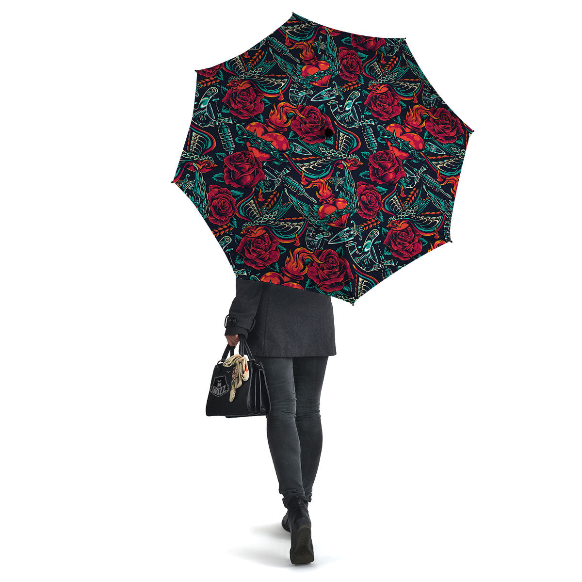 Heart And Rose Print Pattern Umbrella-grizzshop