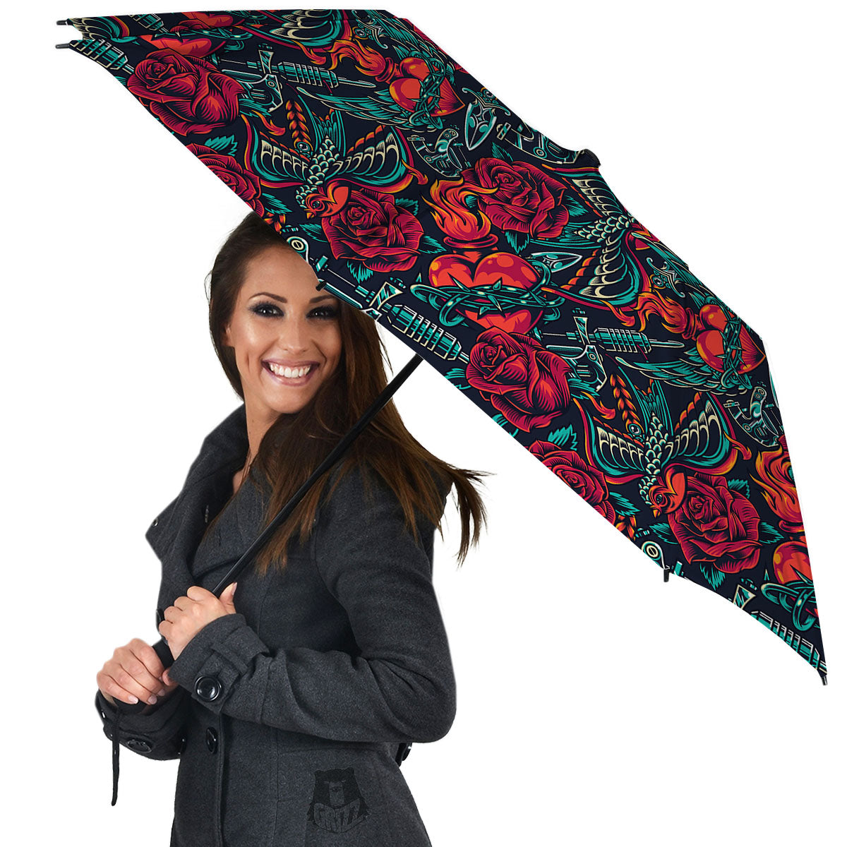 Heart And Rose Print Pattern Umbrella-grizzshop