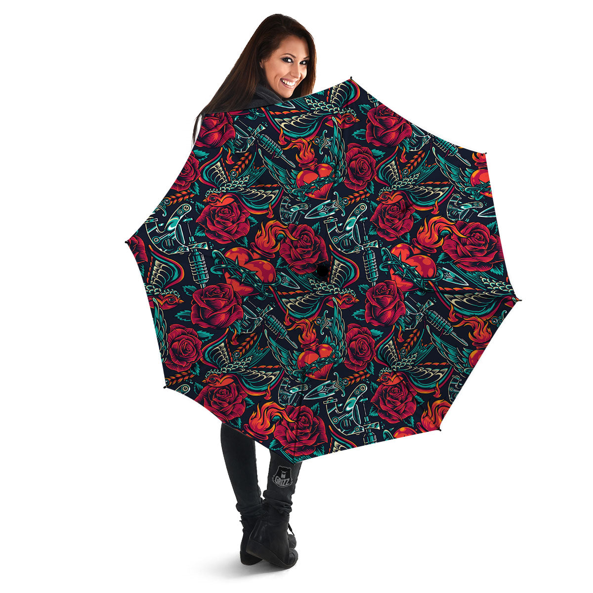 Heart And Rose Print Pattern Umbrella-grizzshop