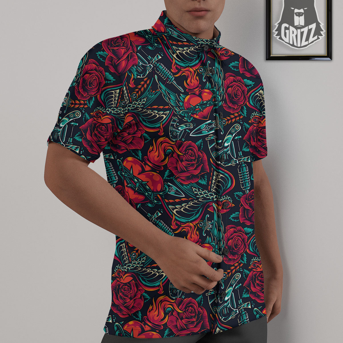 Heart And Rose Print Pattern Untucked Shirts-grizzshop