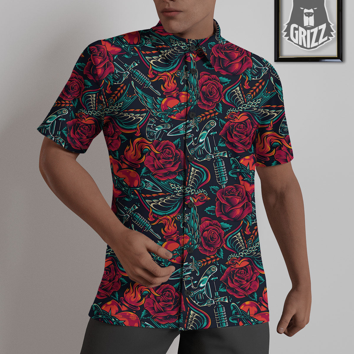 Heart And Rose Print Pattern Untucked Shirts-grizzshop