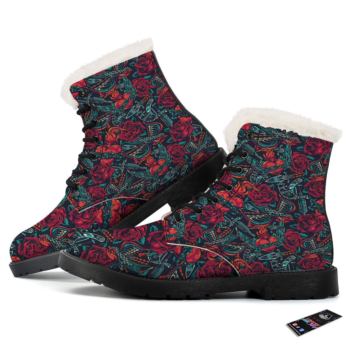 Heart And Rose Print Pattern Winter Boots-grizzshop