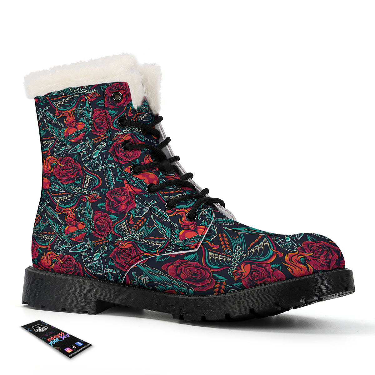 Heart And Rose Print Pattern Winter Boots-grizzshop