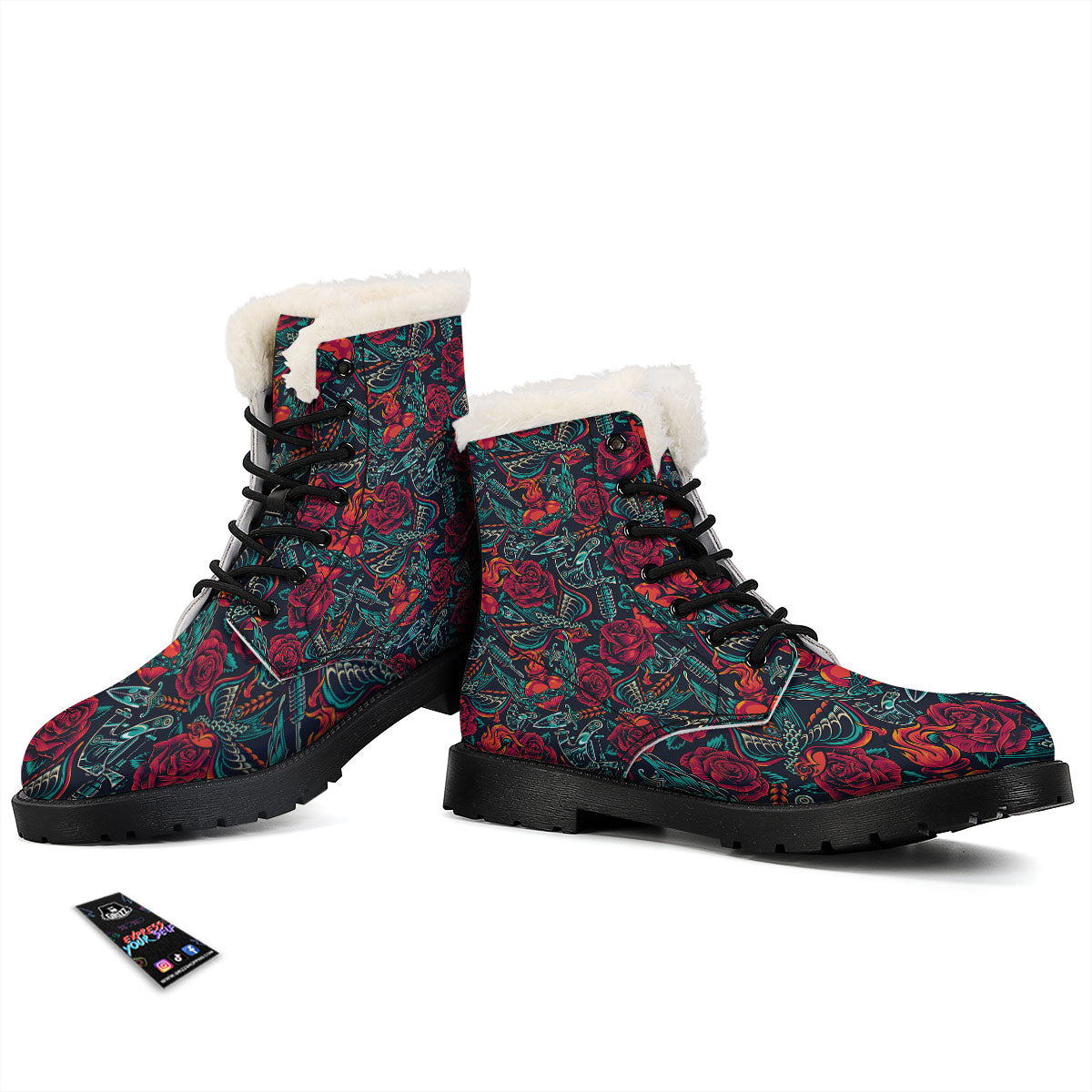 Heart And Rose Print Pattern Winter Boots-grizzshop