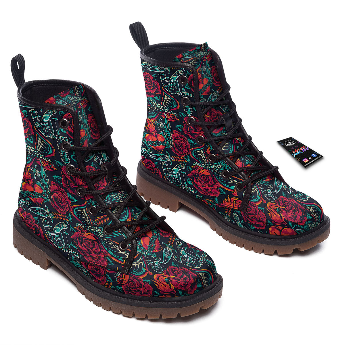 Heart And Rose Print Pattern Work Boots-grizzshop