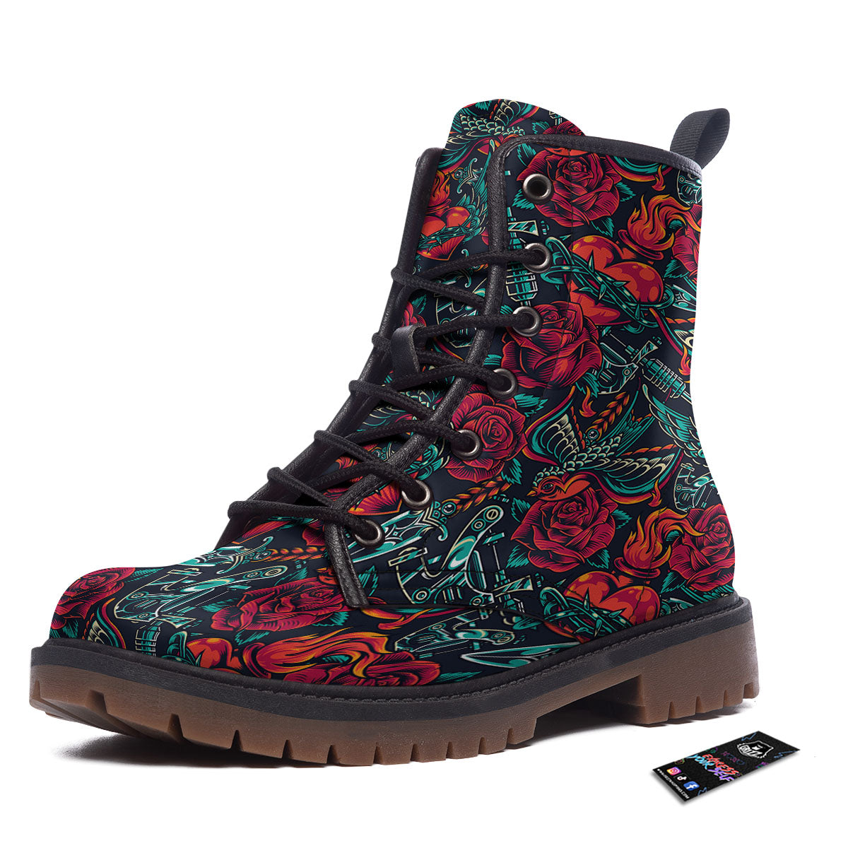 Heart And Rose Print Pattern Work Boots-grizzshop