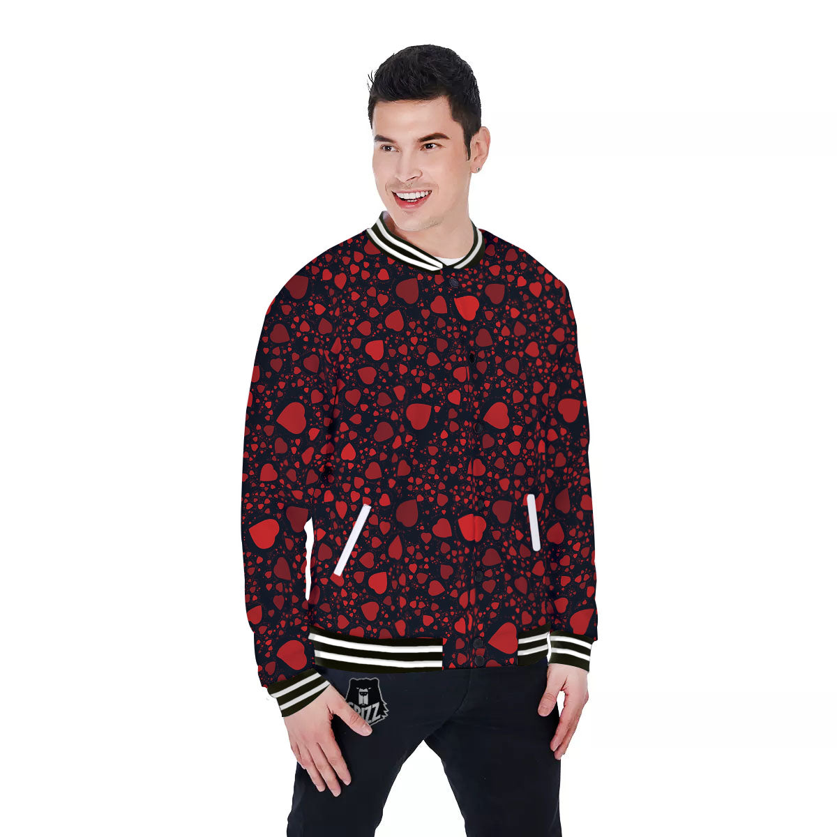 Heart Black And Red Print Pattern Baseball Jacket-grizzshop
